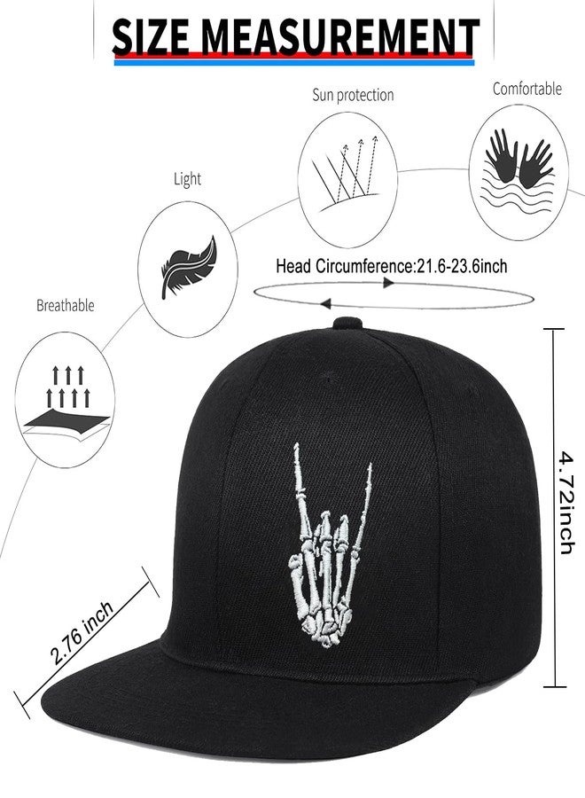 viofre Embroidery Flat Bill Brim Hats for Men Snapback Hats for Men Skeleton Skull Finger Hat Black Baseball Caps Mens Fitted Hats Adjustable Skateboard Snap Back Cap Dad Trucker Hat Hip Hop Mens Women - Image 3